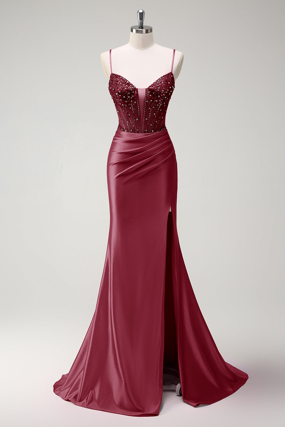 Sparkly Fuchsia Mermaid Spaghetti Straps Beaded Corset Satin Long Prom Dress with Slit