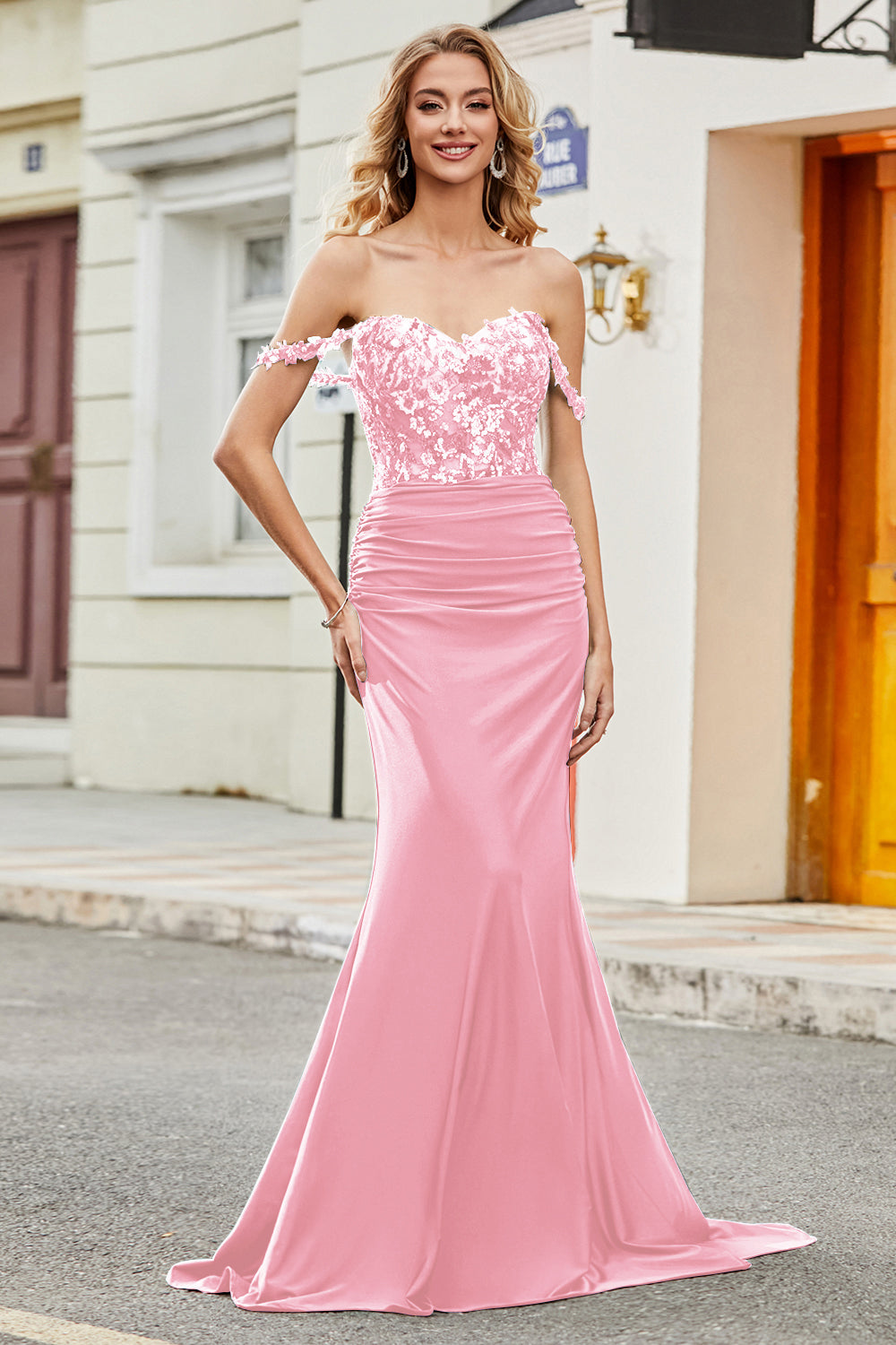 Fuchsia Mermaid Off The Shoulder Long Prom Dress with Sequins