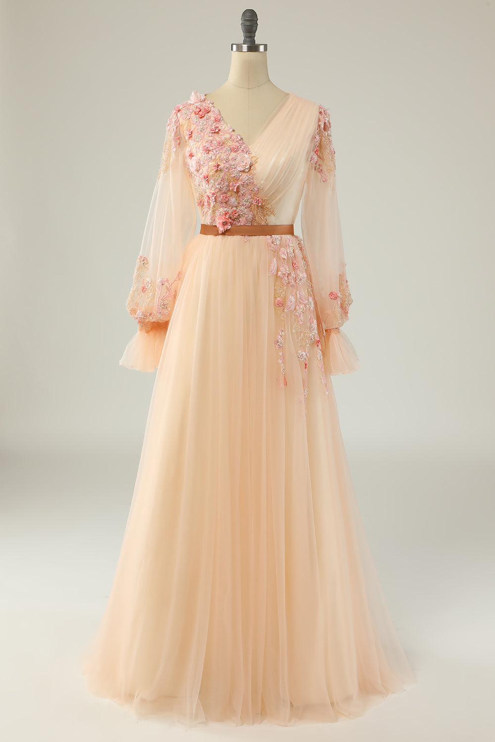 Elegant A Line V Neck Apricot Long Prom Dress with Appliques