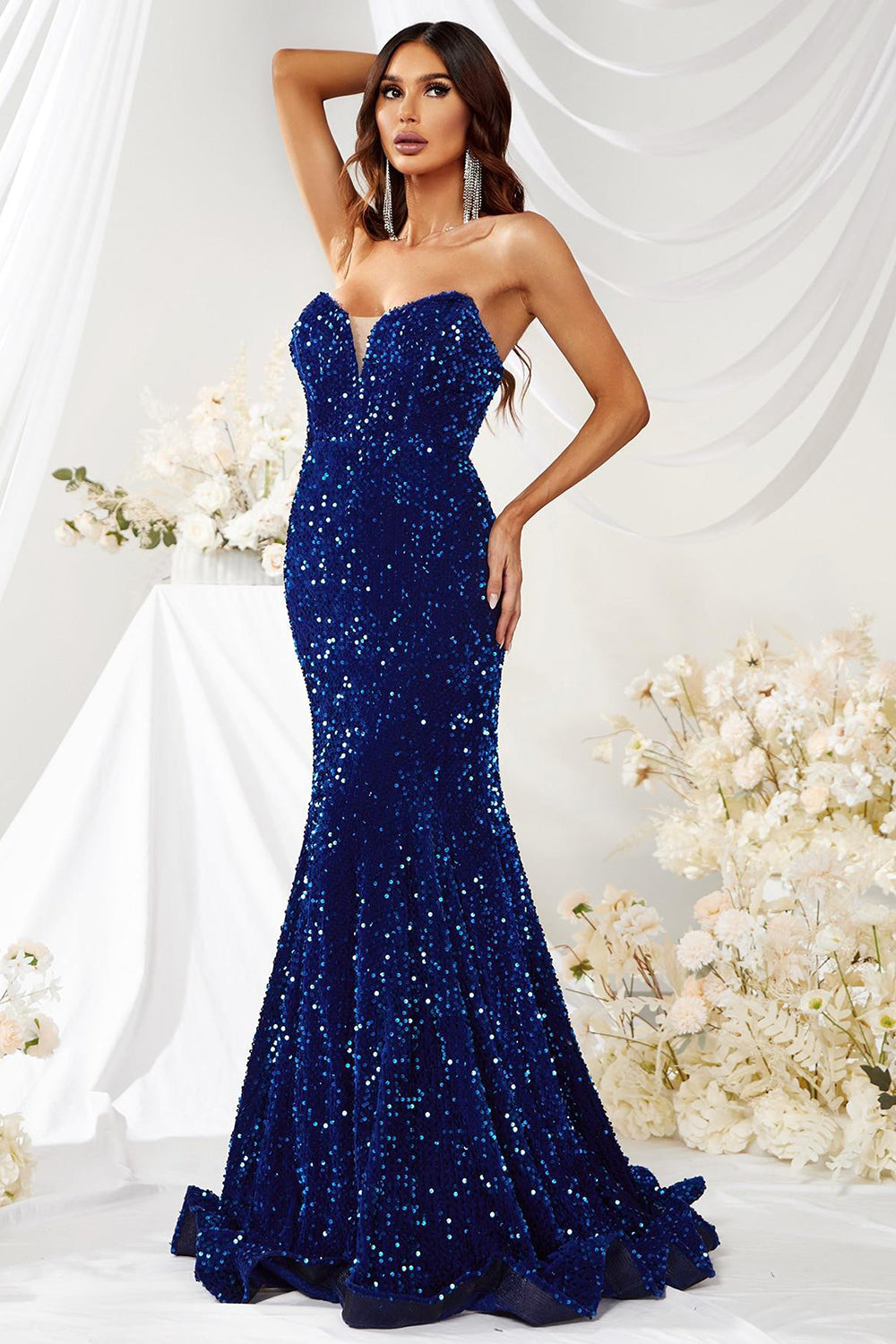 Royal Blue Strapless Sequin Mermaid Long Prom Dress