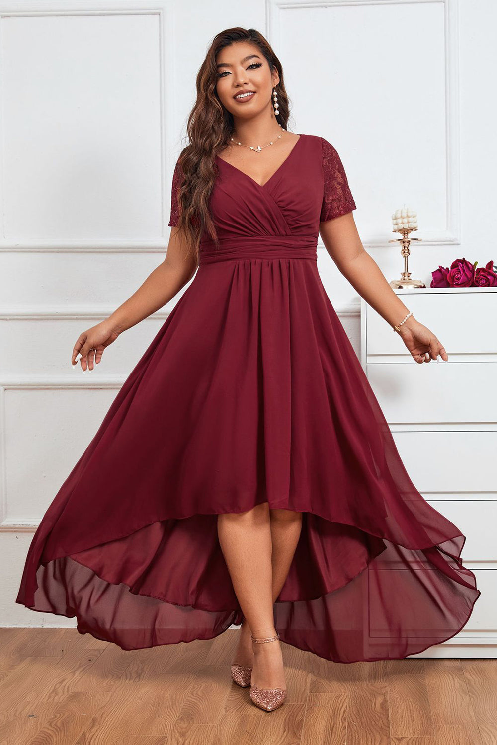 Burgundy A-line V-neck Chiffon Long Mother of Bride Dress