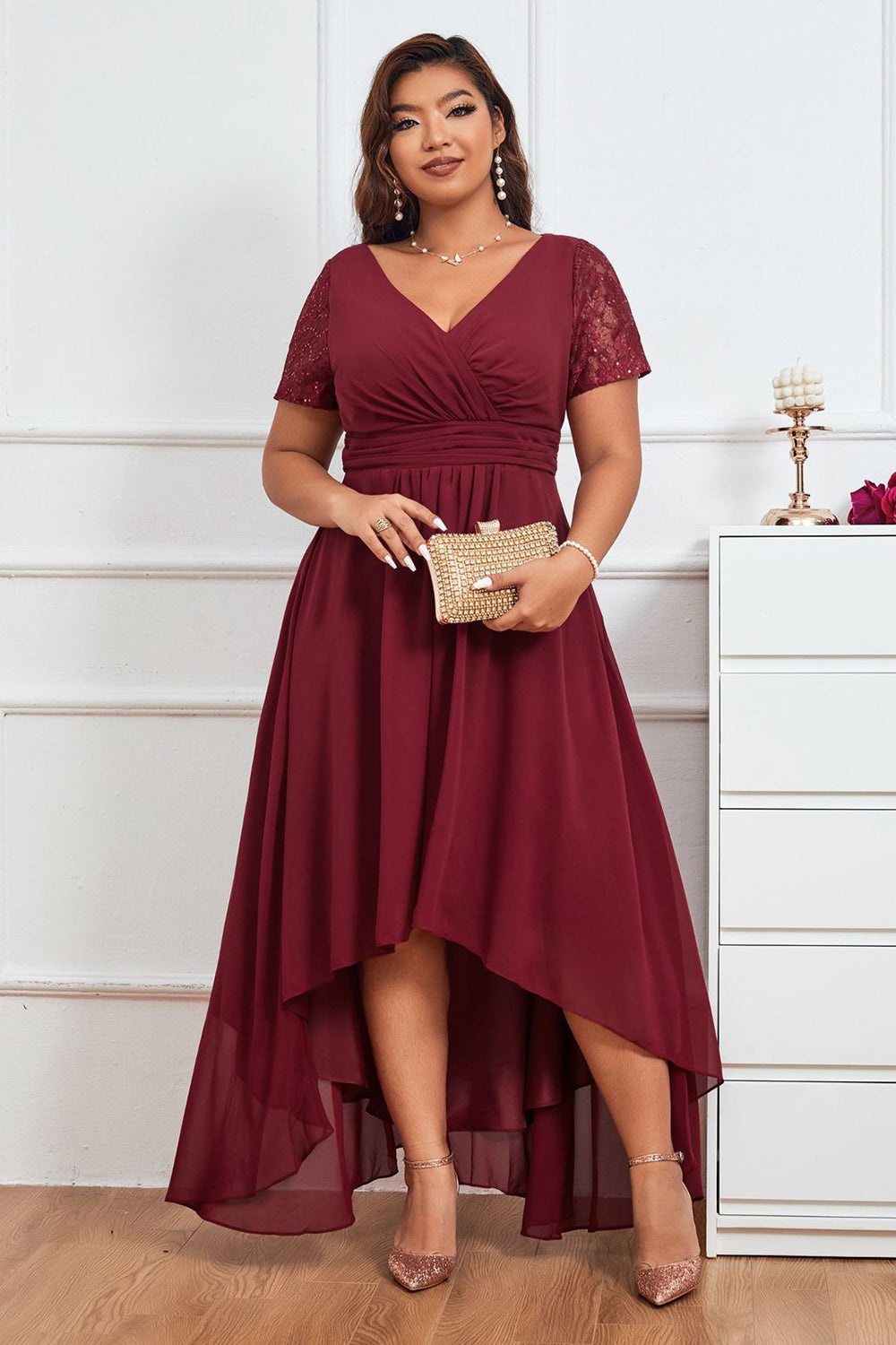 Burgundy A-line V-neck Chiffon Long Mother of Bride Dress