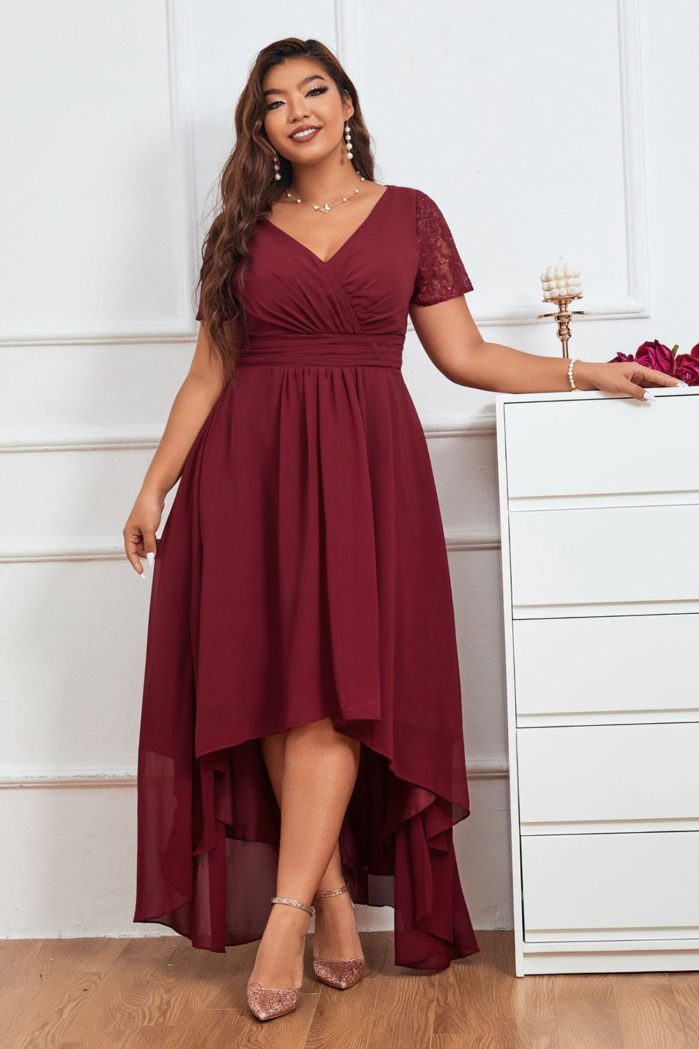 Burgundy A-line V-neck Chiffon Long Mother of Bride Dress