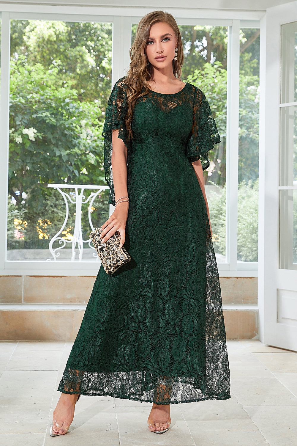 Black Lace A-line Round Neck Short Sleeves Mother of Bride Dress