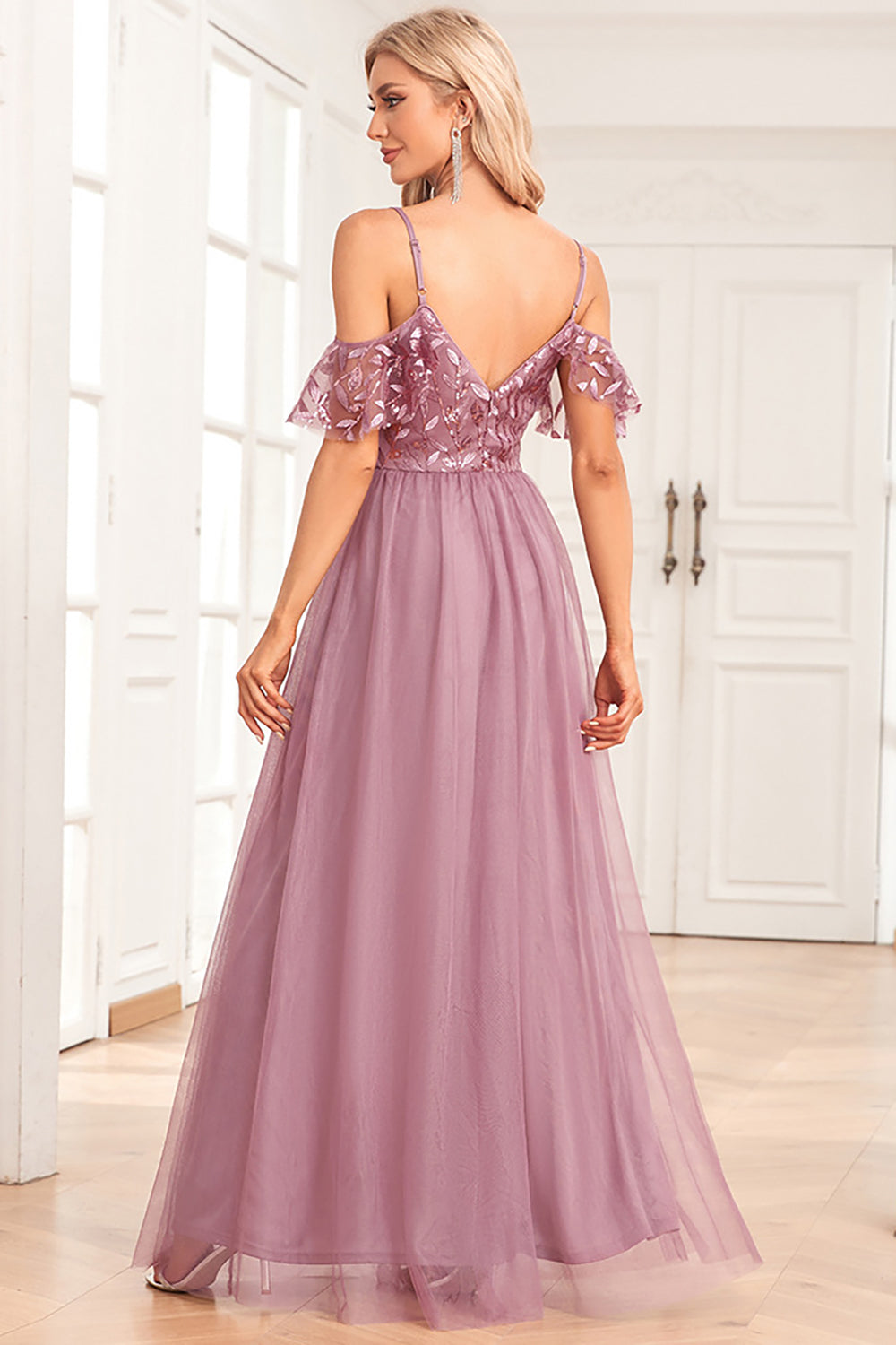 A-Line Cold Shoulder Dusty Rose Formal Dress