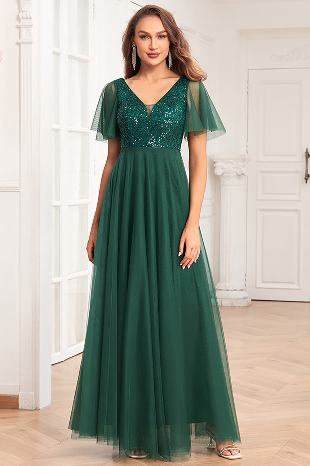 Dark Green A-Line V Neck Tulle Prom Dress with Sequins