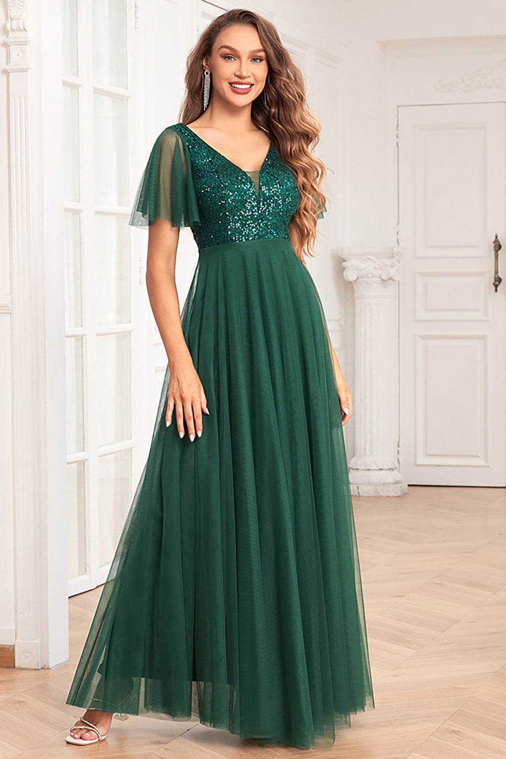 Dark Green A-Line V Neck Tulle Prom Dress with Sequins