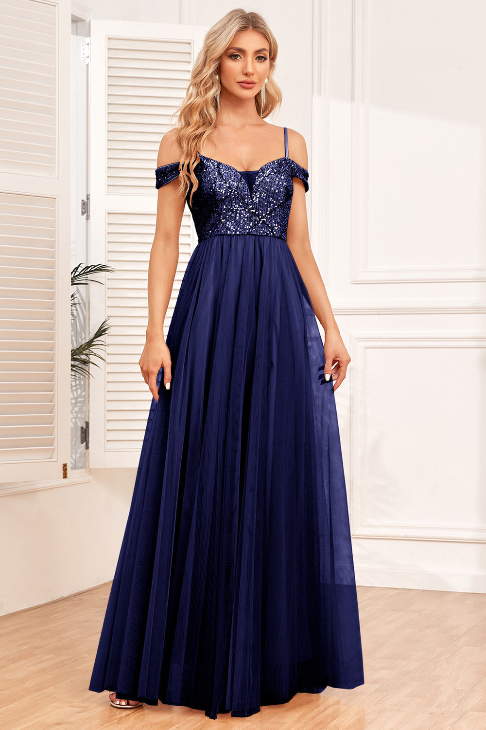 Champagne A-Line Tulle Long Prom Dress with Sequins