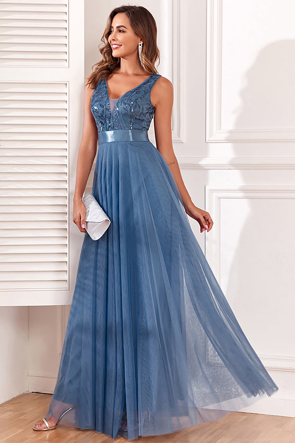 A-Line V-Neck Blue Prom Dress