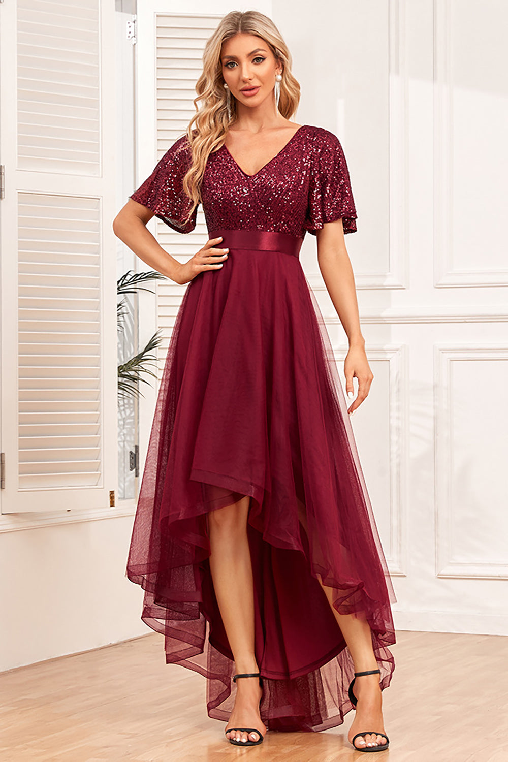 Burgundy A-Line V Neck Short Sleeves High Low Prom Dress