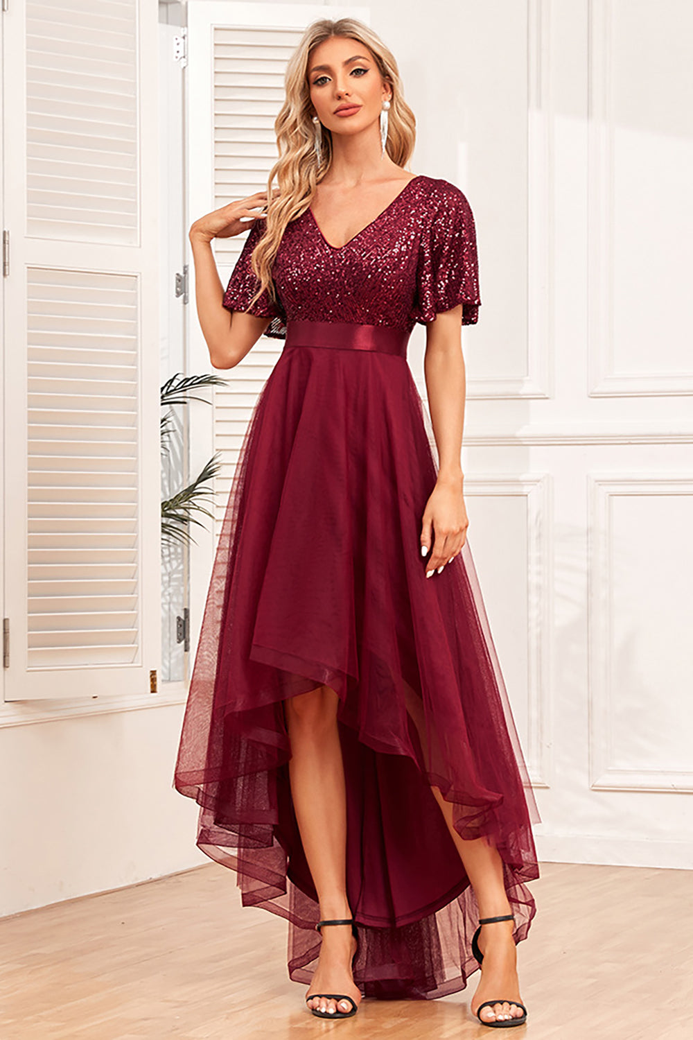 Burgundy A-Line V Neck Short Sleeves High Low Prom Dress