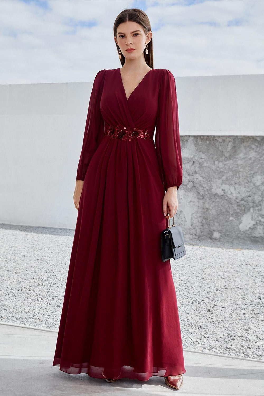 Burgundy Long Sleeves A Line Mother of the Bride Dress