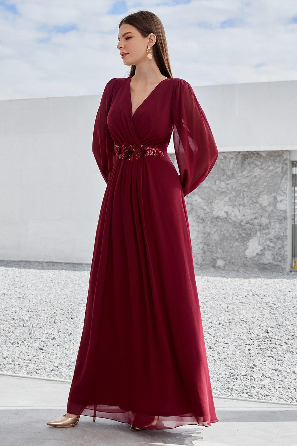 Burgundy Long Sleeves A Line Mother of the Bride Dress