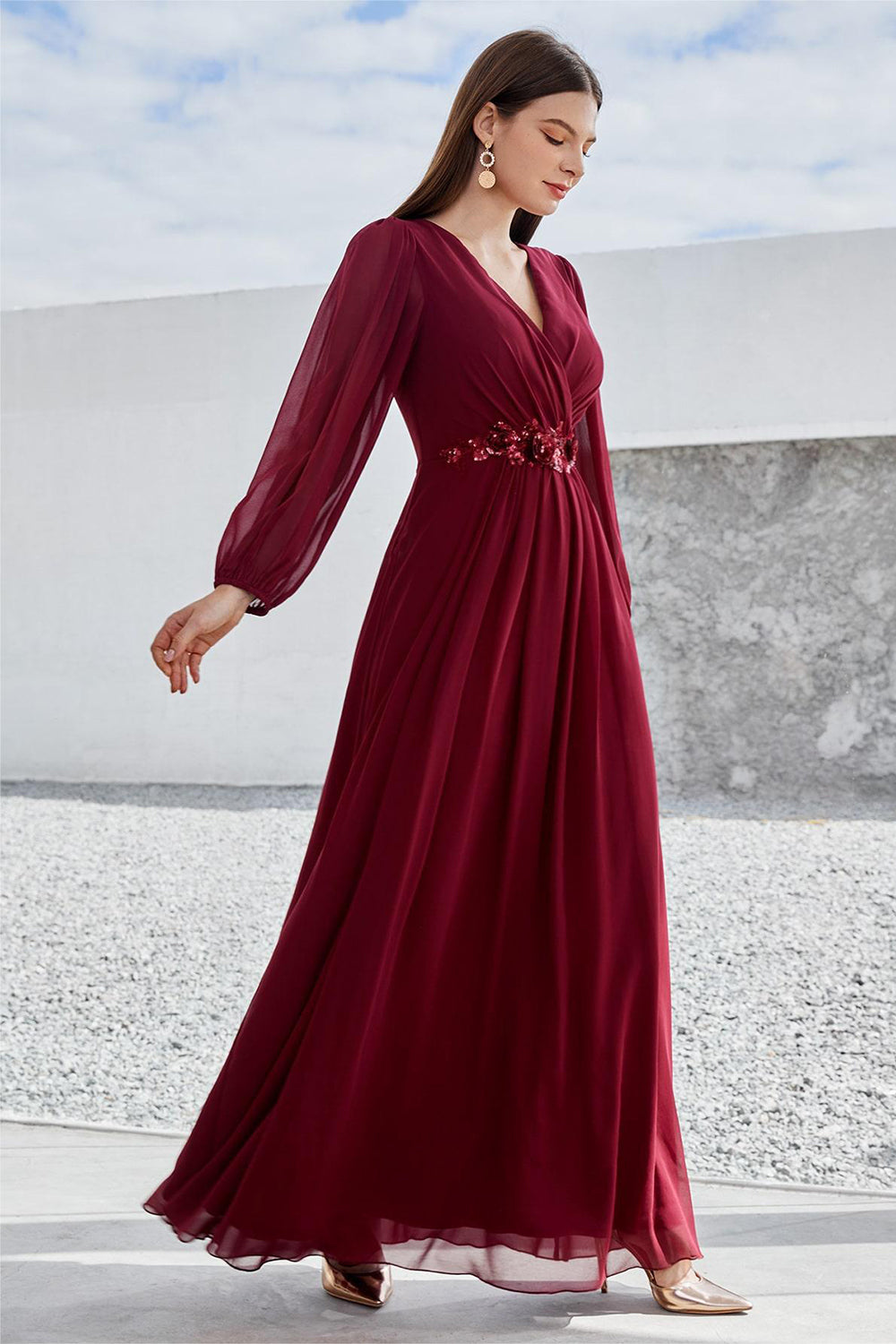 Burgundy Long Sleeves A Line Mother of the Bride Dress