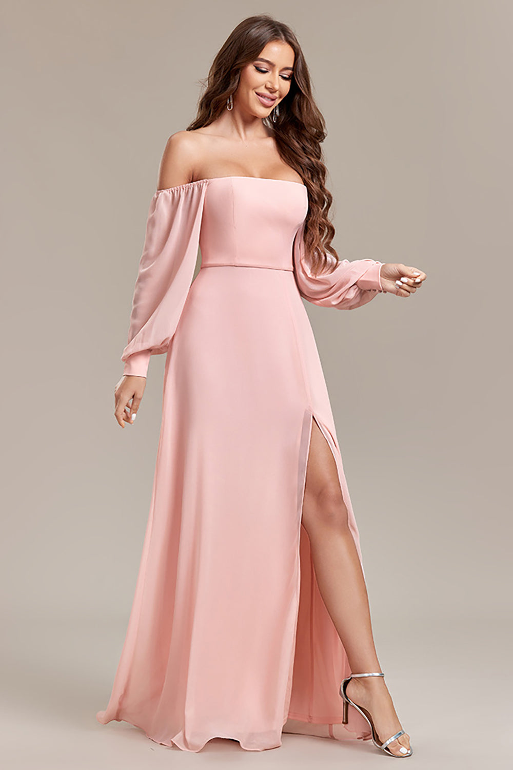 Blush A-Line Off the Shoulder Long Formal Dress with Slit