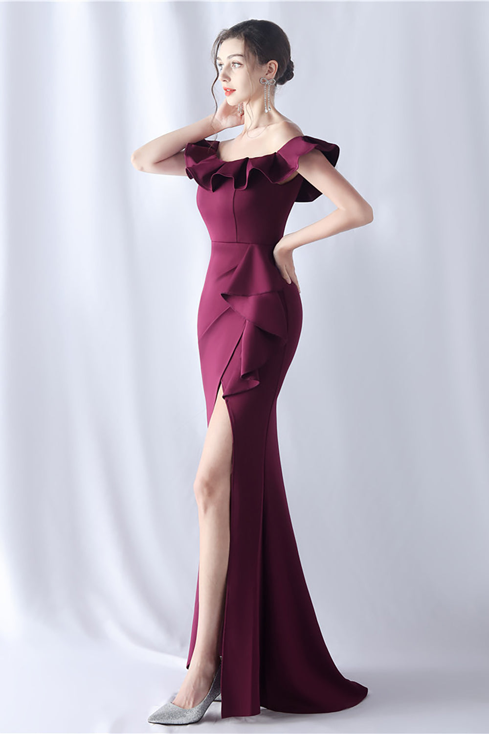 Burgundy Mermaid Off the Shoulder Long Formal Dress with Ruffles