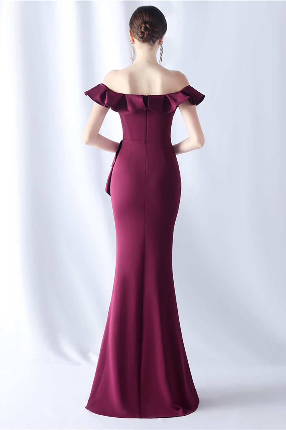 Burgundy Mermaid Off the Shoulder Long Formal Dress with Ruffles