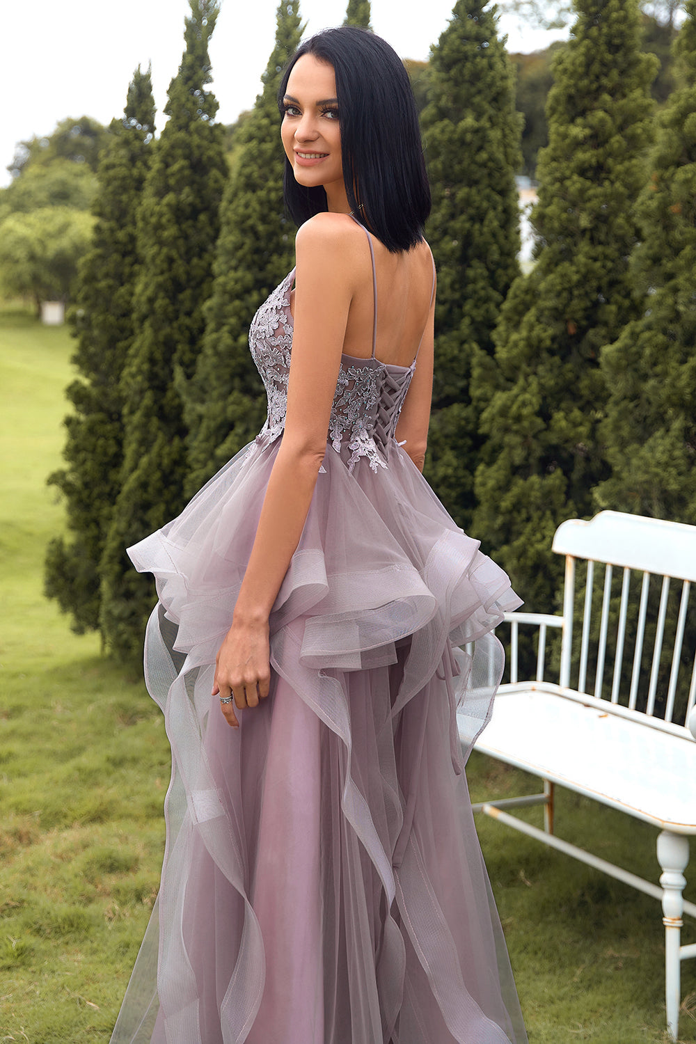 A Line Spaghetti Straps Purple Grey Long Prom Dress with Appliques