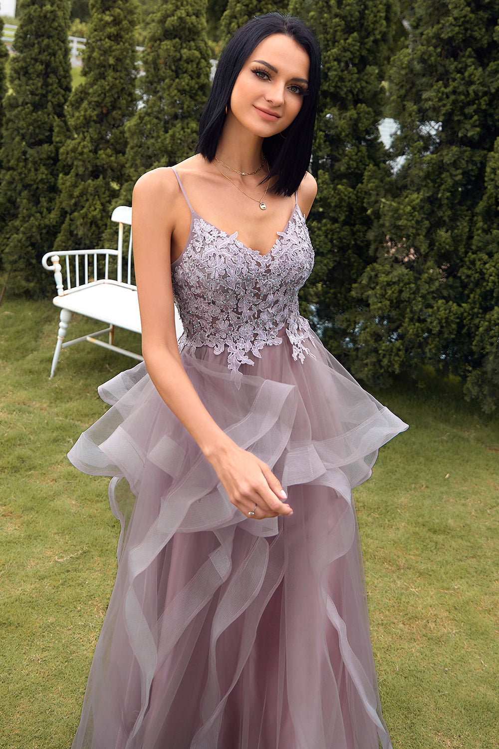 A Line Spaghetti Straps Purple Grey Long Prom Dress with Appliques