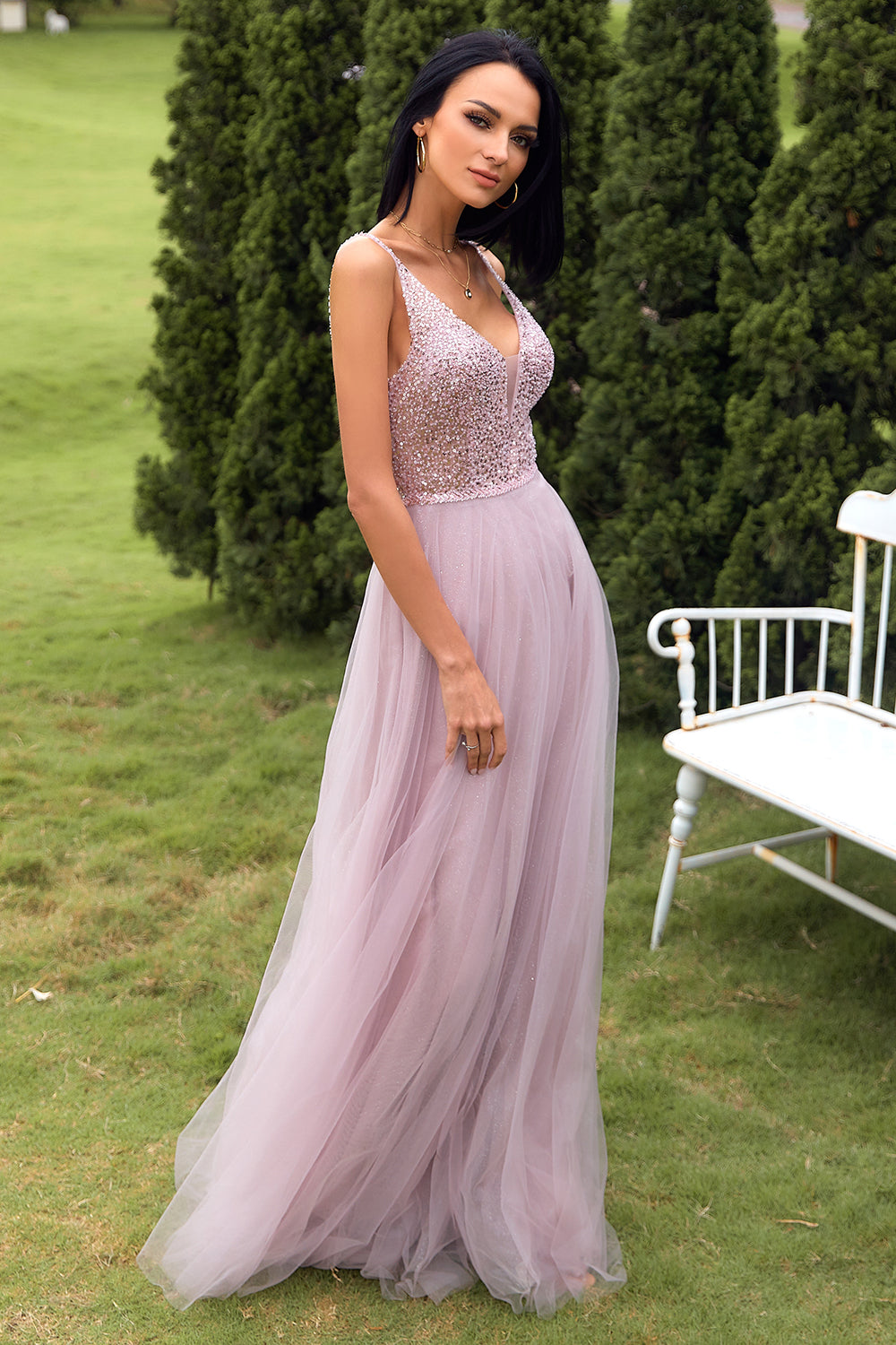 Blush Tulle & Sequins Prom Dress