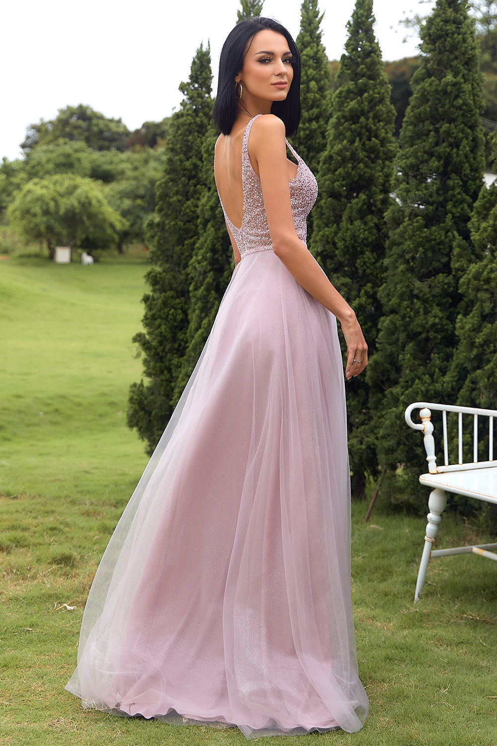 Blush Tulle Sequins Prom Dress