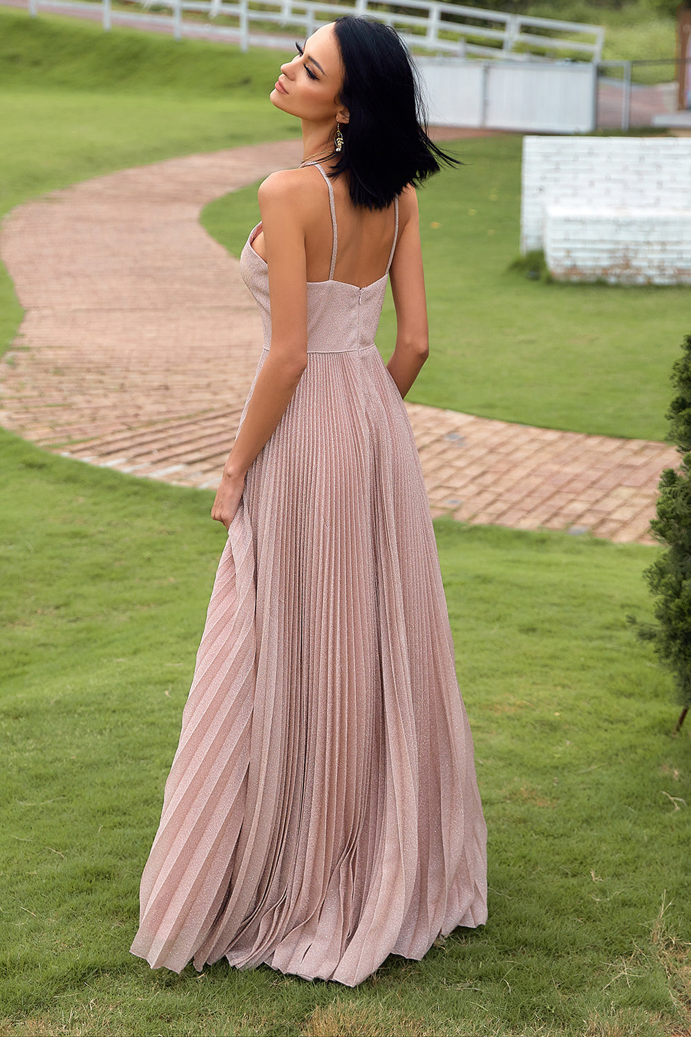 Blush Halter Sparkly Prom Dress with Ruffles