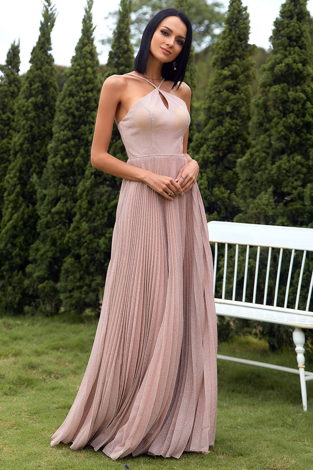 Blush Halter Sparkly Prom Dress with Ruffles