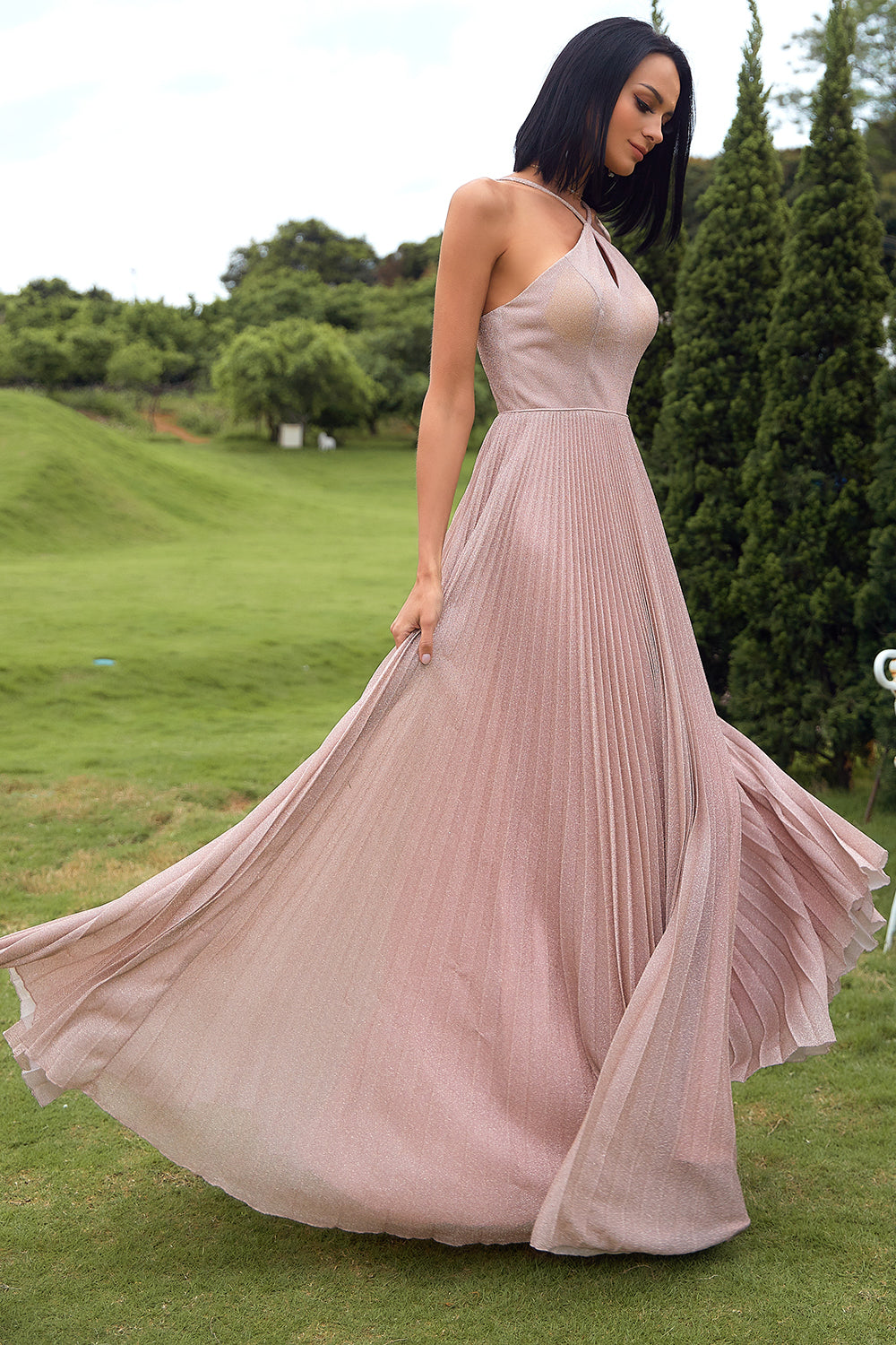 Blush Halter Sparkly Prom Dress with Ruffles