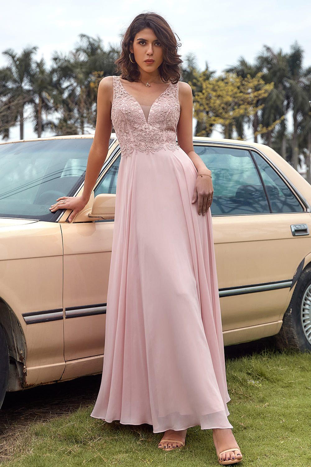 Blush Appliques Chiffon Prom Dress