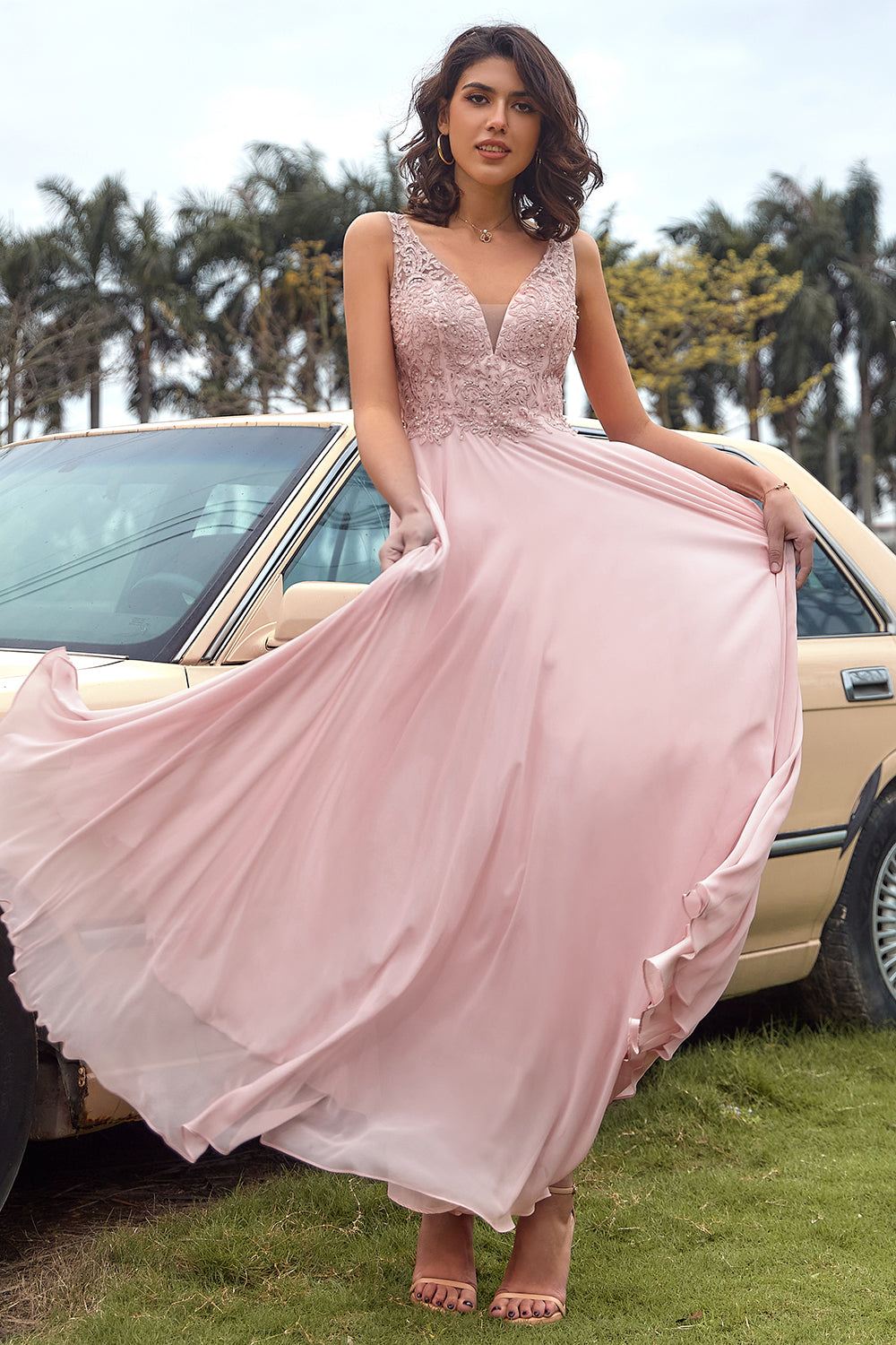 Blush Appliques Chiffon Prom Dress