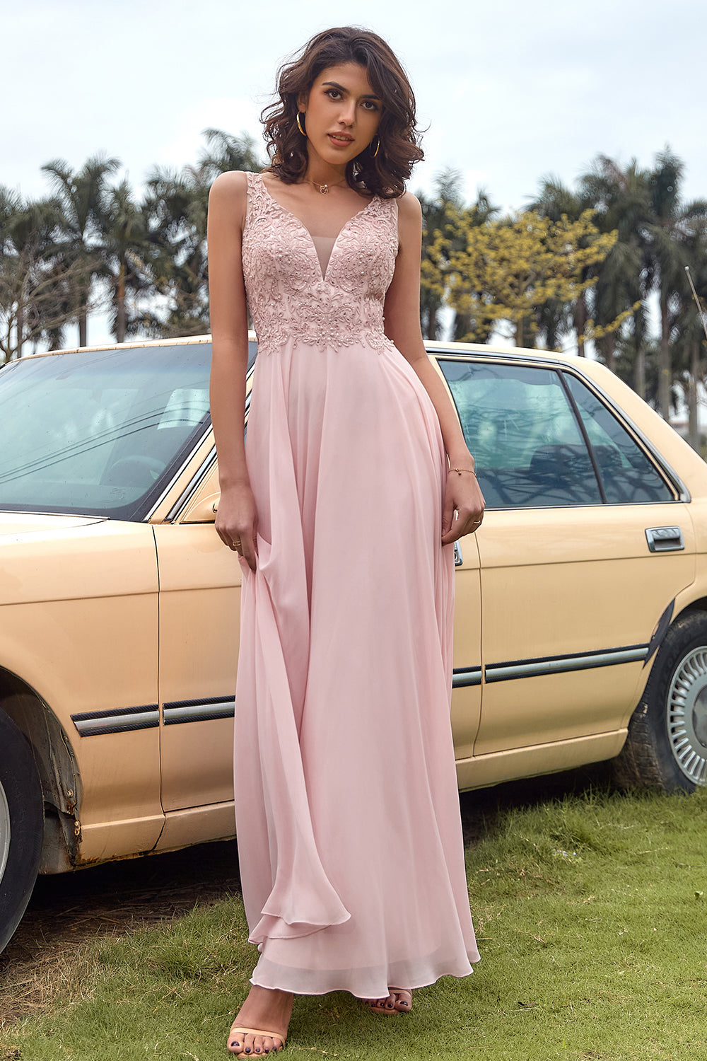 Blush Appliques Chiffon Prom Dress