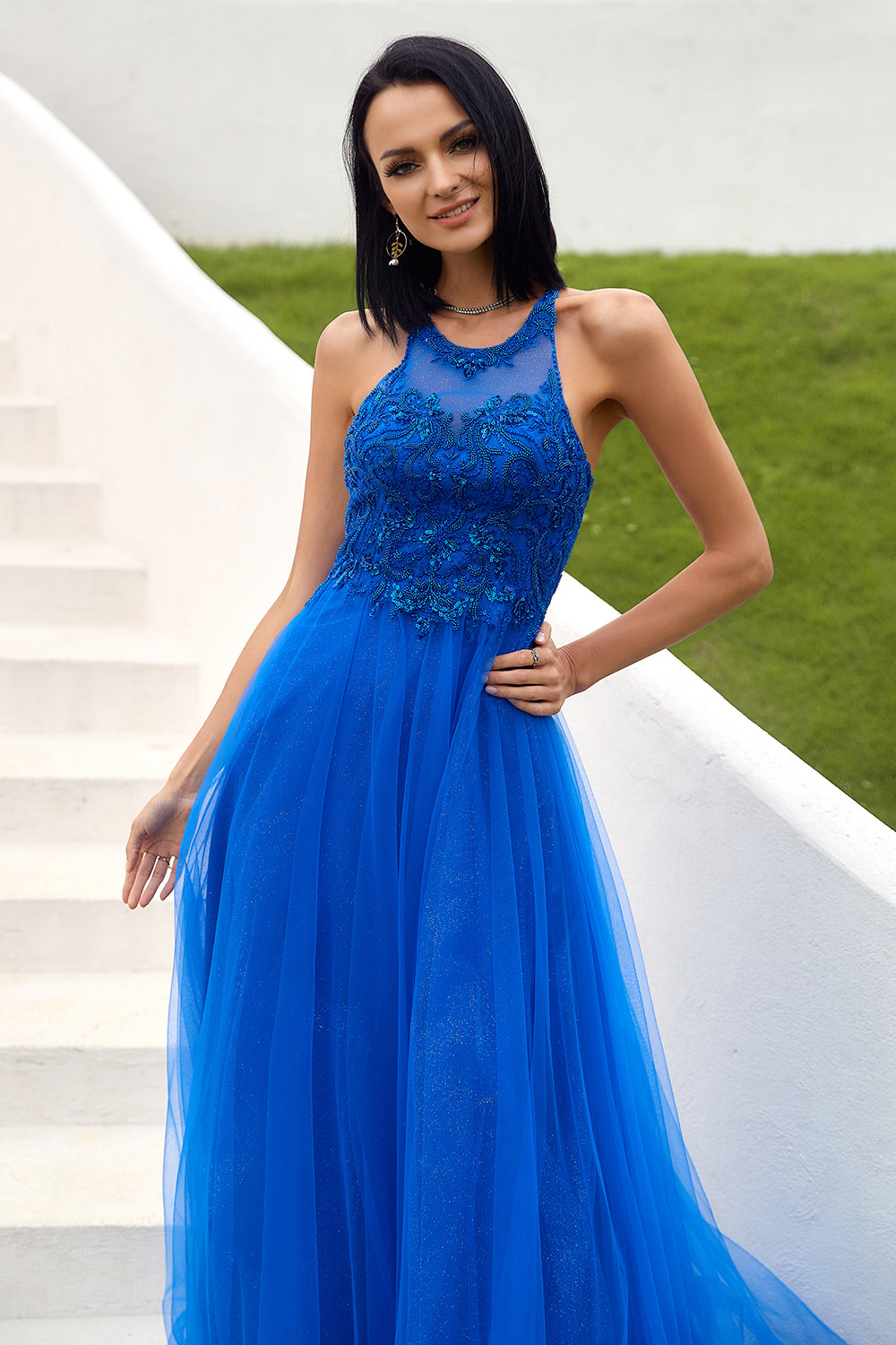 Royal Blue Tulle Prom Dress with Appliques