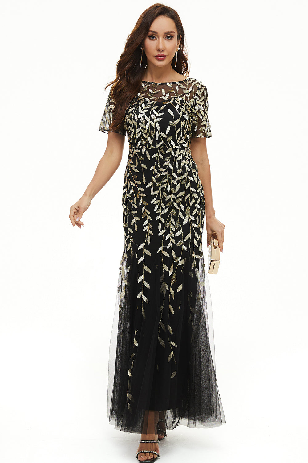 Leaves Sequins Mother Dress with Short Sleeves