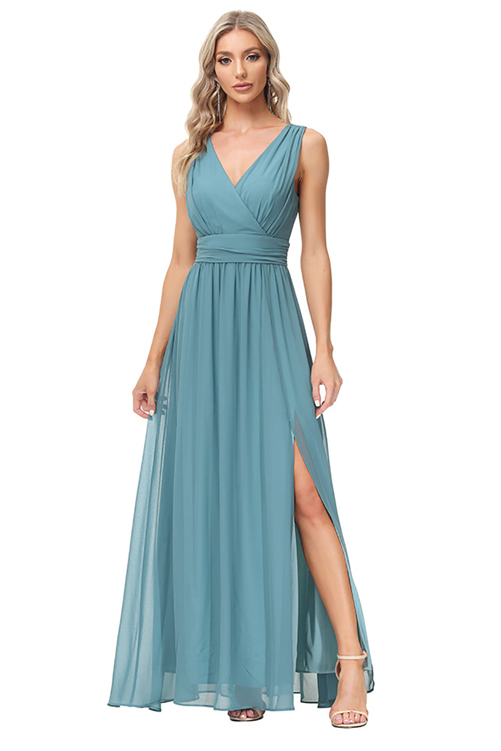 Lake Blue Long Chiffon Bridesmaid Dress