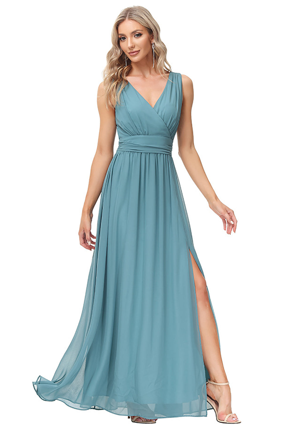 Lake Blue Long Chiffon Bridesmaid Dress