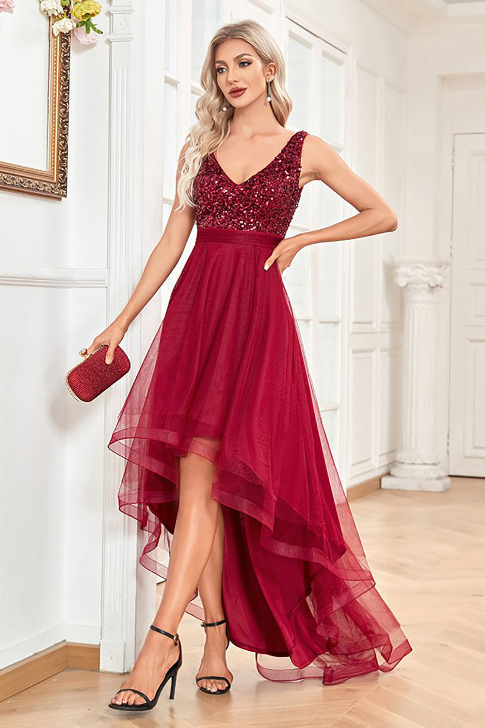 High Low Burgundy Sparkly Sequin V-Neck Prom Dress