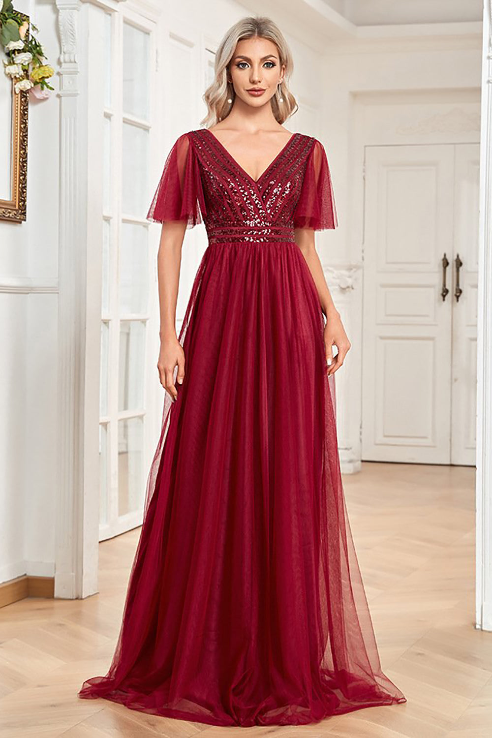 A Line Burgundy Sparkly V-Neck Long Prom Dress