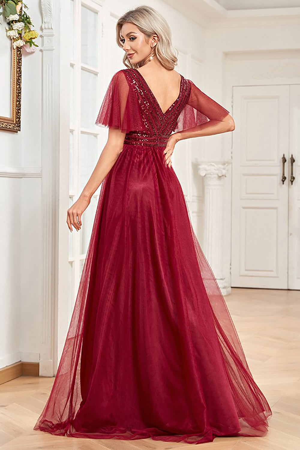 A Line Burgundy Sparkly V-Neck Long Prom Dress