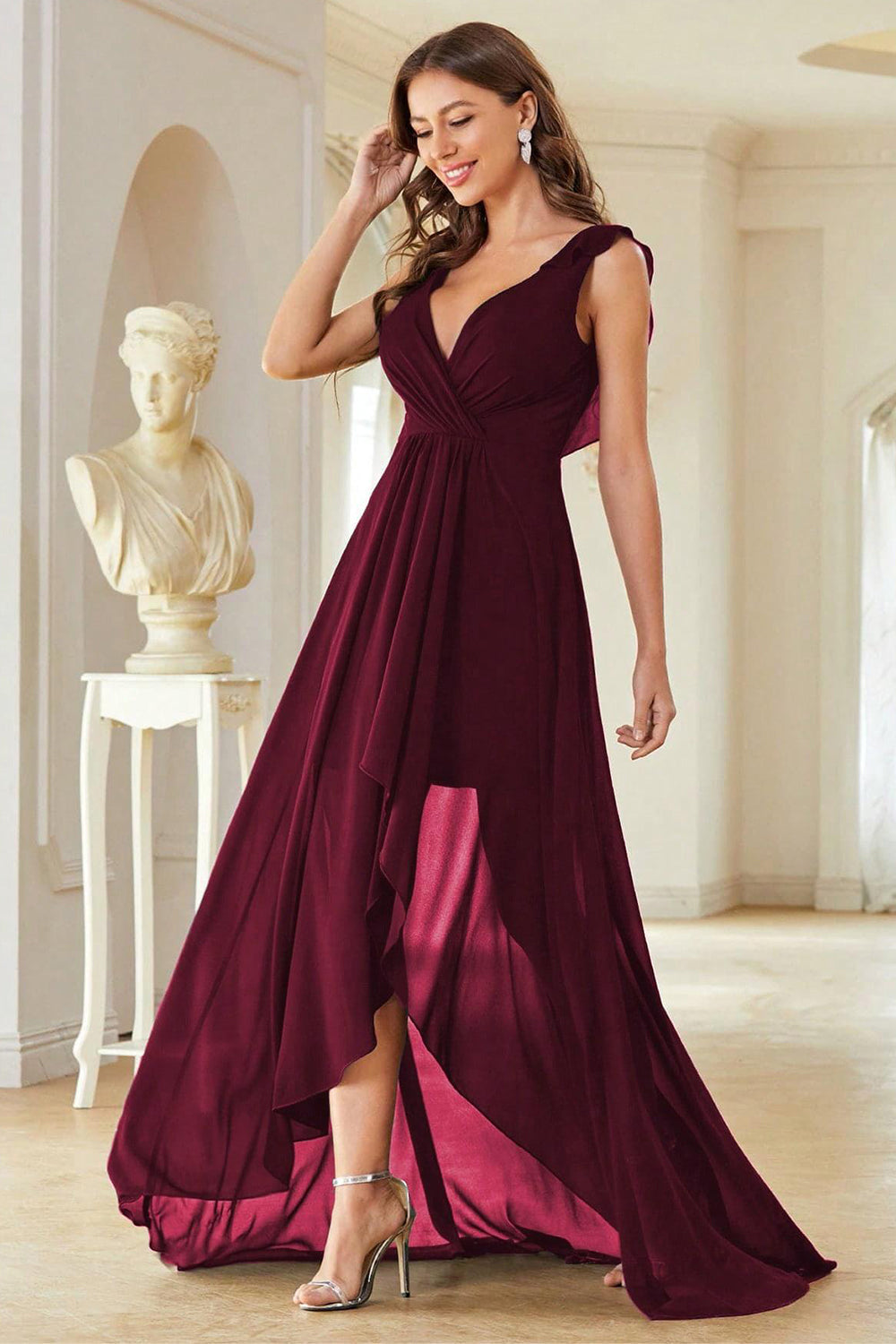 A-Line Burgundy V-Neck Chiffon High Low Prom Dress