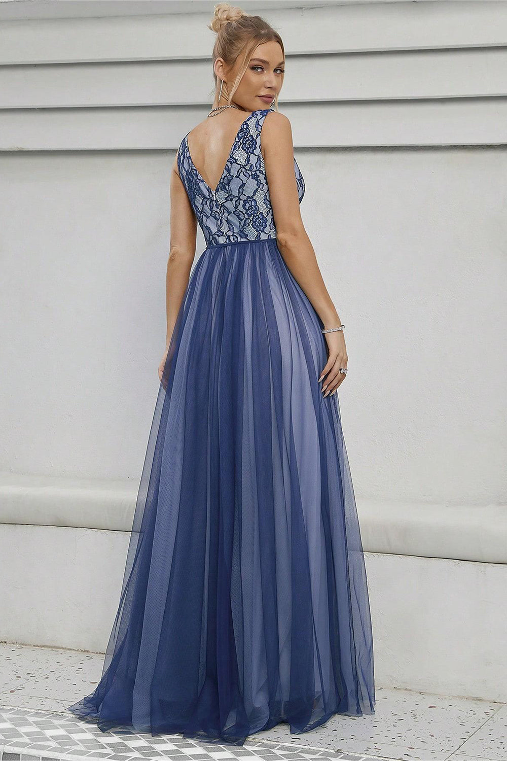 Blue A-Line V-Neck Long Prom Dress