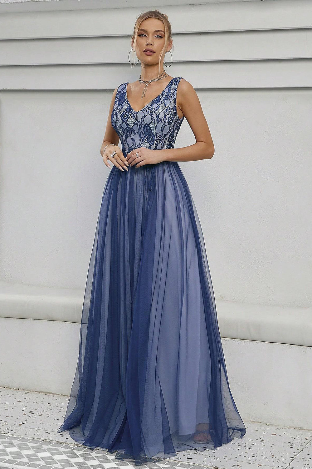 Blue A-Line V-Neck Long Prom Dress