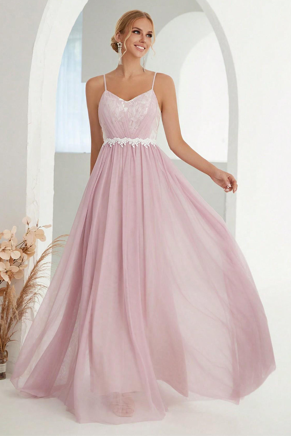 Blush A Line Spaghetti Straps Tulle Long Prom Dress