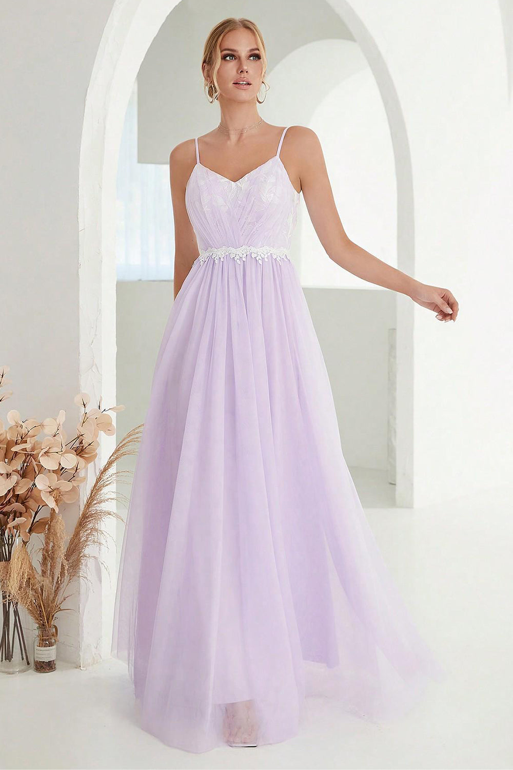 Blush A Line Spaghetti Straps Tulle Long Prom Dress