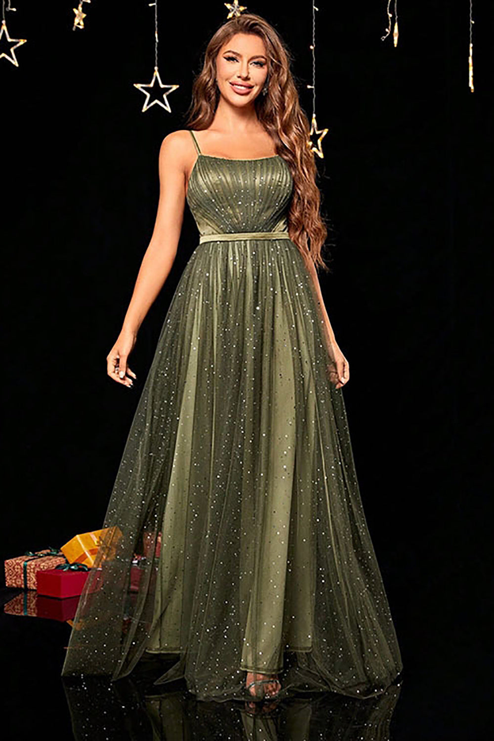 Sparkly A-Line Spaghetti Straps Army Green Formal Dress