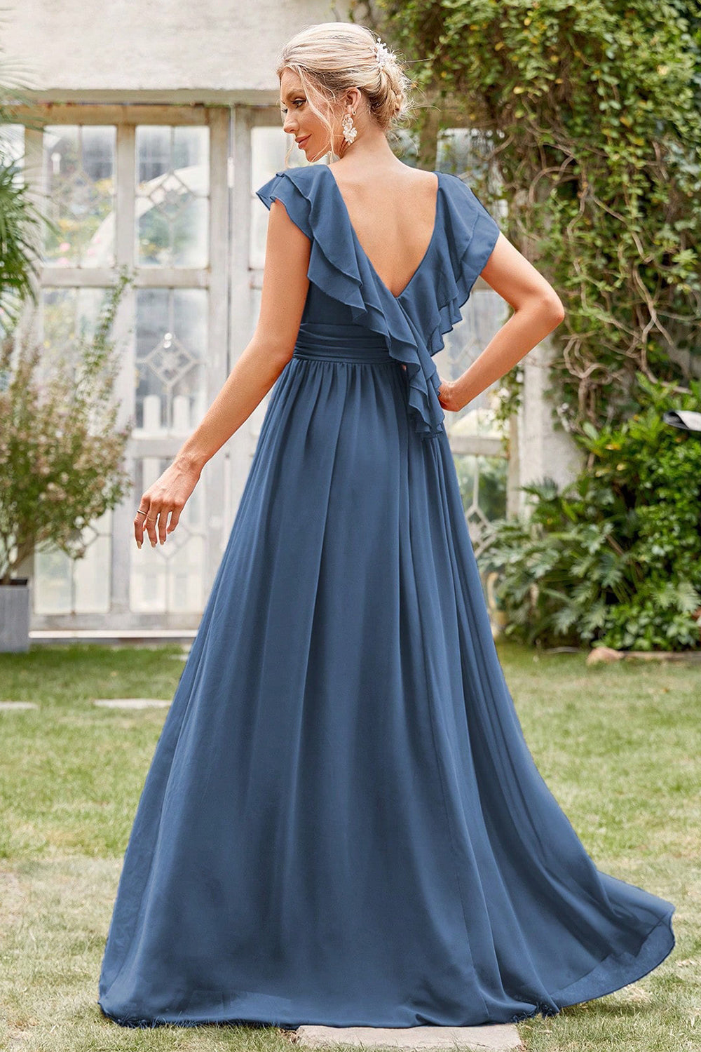 A-Line V-Neck Grey Blue Formal Dress