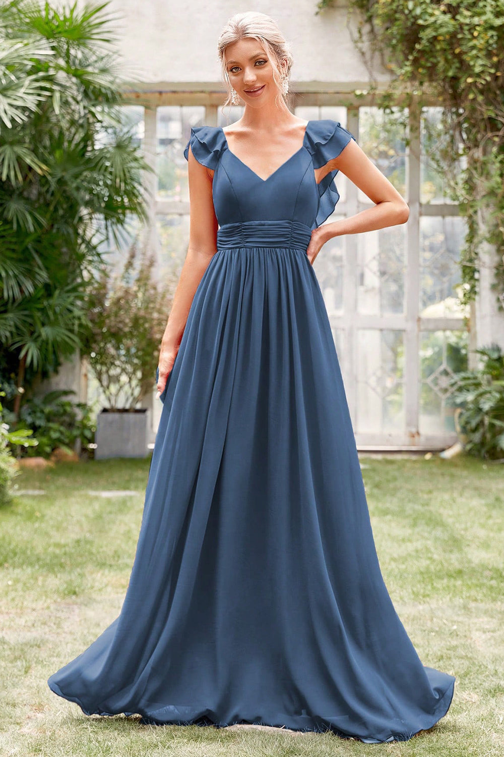 A-Line V-Neck Grey Blue Formal Dress