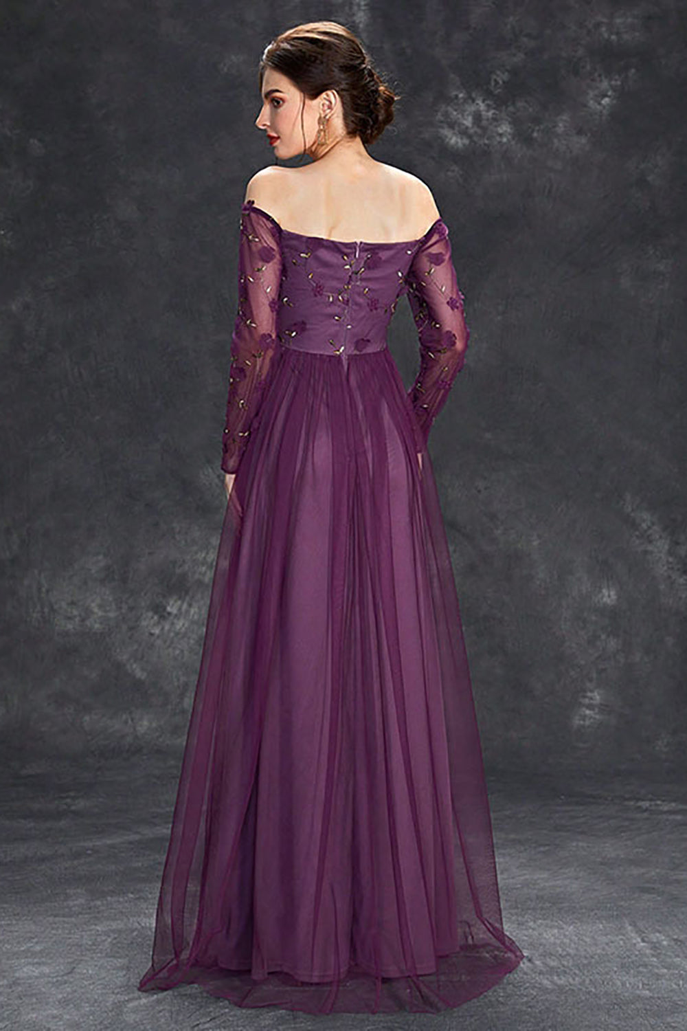 Dark Purple Tulle Off The Shoulder Formal Dress with Sleeves