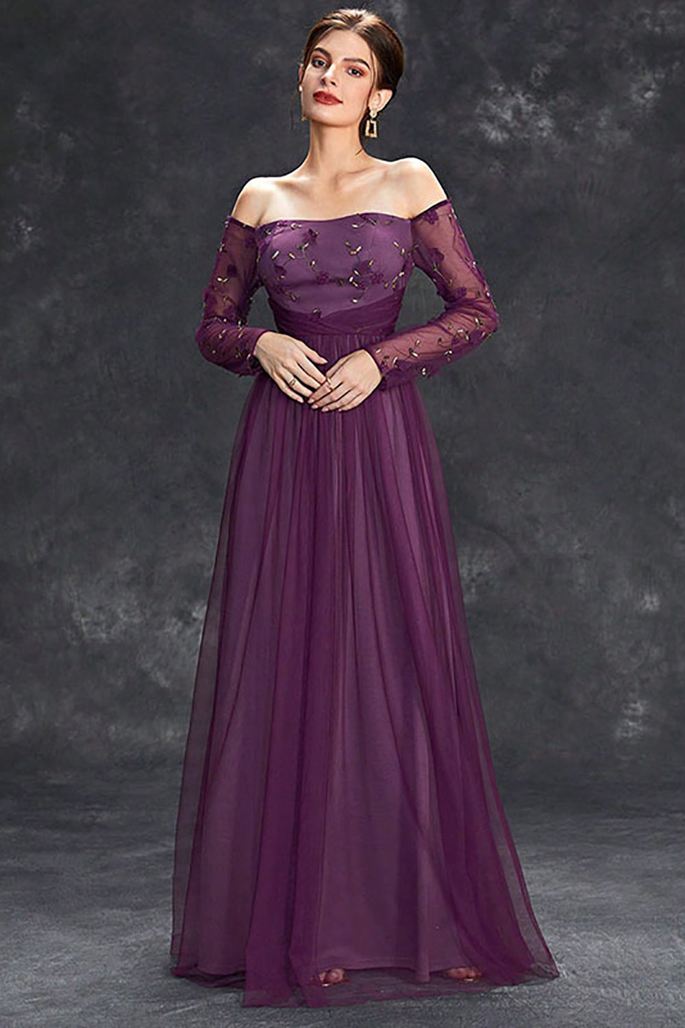 Dark Purple Tulle Off The Shoulder Formal Dress with Sleeves