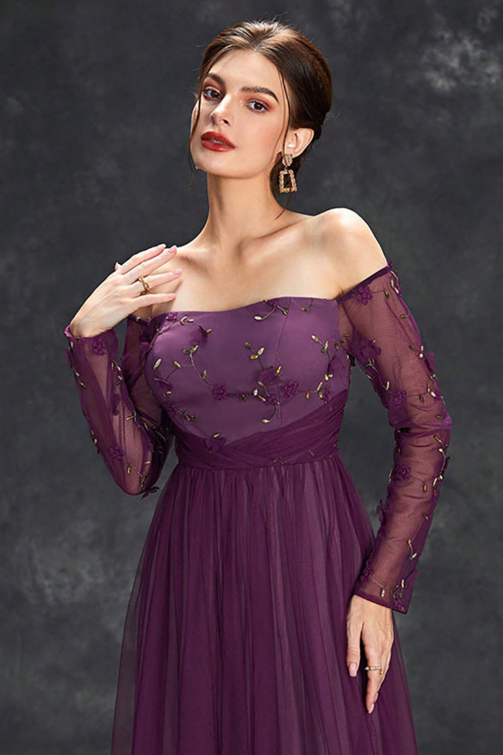 Dark Purple Tulle Off The Shoulder Formal Dress with Sleeves