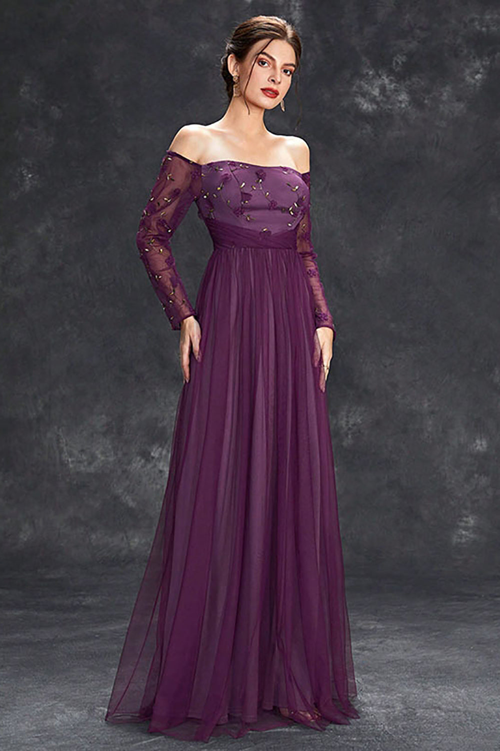 Dark Purple Tulle Off The Shoulder Formal Dress with Sleeves